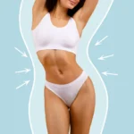 Toned woman in white underwear with arrows showing waist reduction Toned woman in white underwear with arrows showing waist reduction