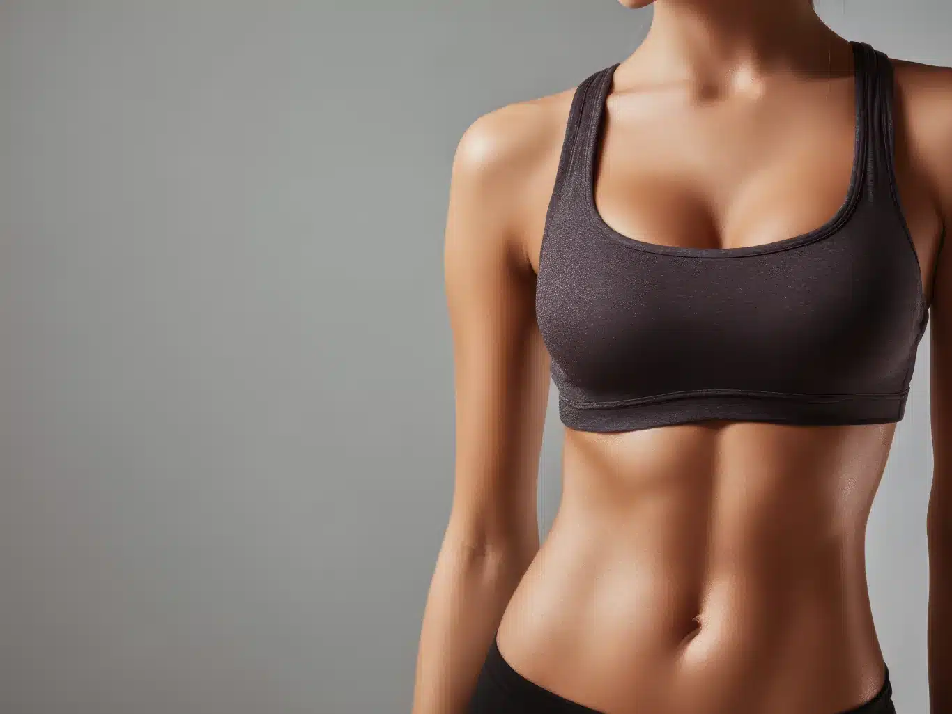 Trim female form in grey studio results of fitness and healthy eating Idea of beauty body care and wellness