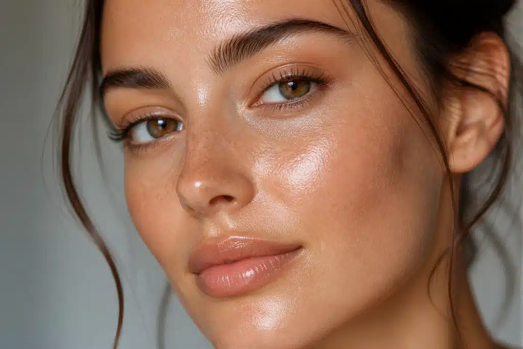 Glowing skin with natural makeup and smooth complexion