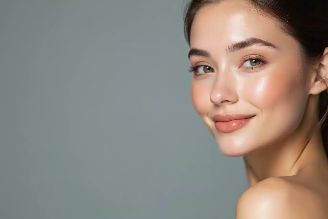 emface facial rejuvenation treatment Woman with smooth, lifted skin looking over her shoulder, demonstrating EMFACE non-surgical facial toning and skin tightening results